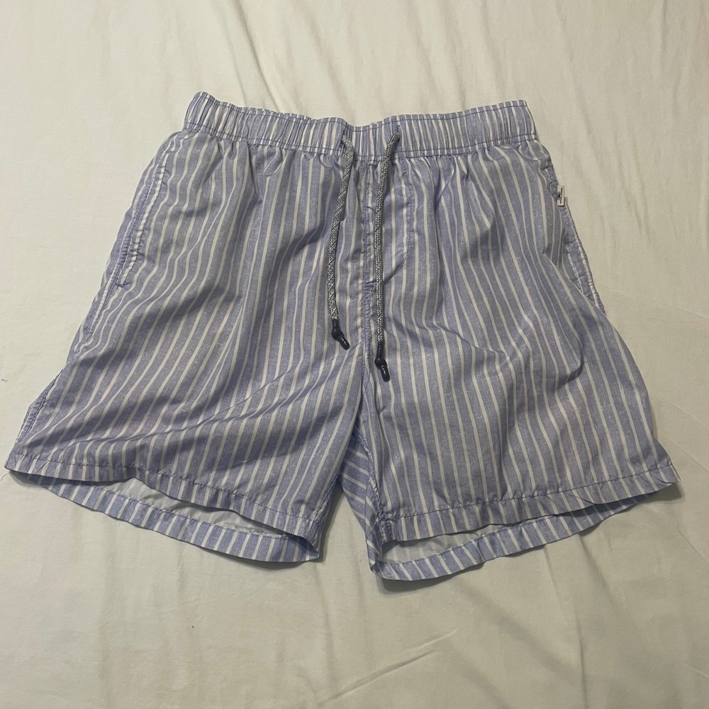 Vintage Summer Swim Trunks Mens Large Blue White Striped V90505 Mesh Lined Short